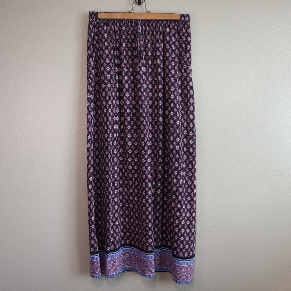 Boho Navy Blue Floral Patterned Maxi Skirt with Pockets & Elastic Waist Size L